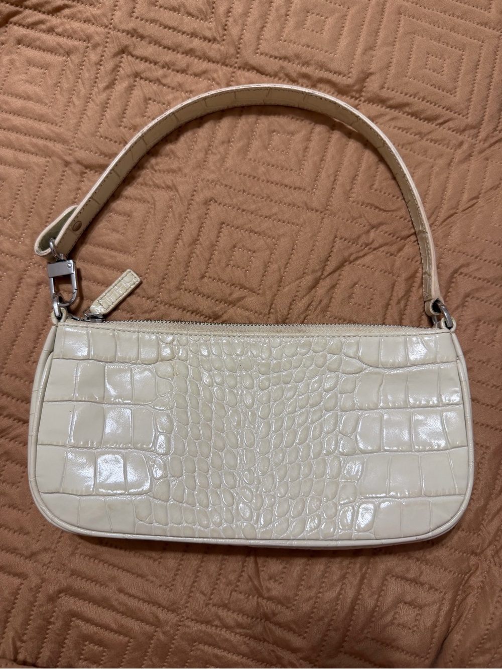 By Far Rachel Cream Croc-Embossed Shoulder Bag